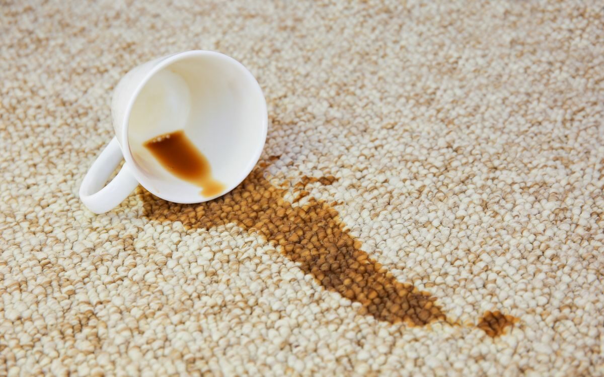 Flekk på teppet. Sølt kaffe på teppet. Foto
